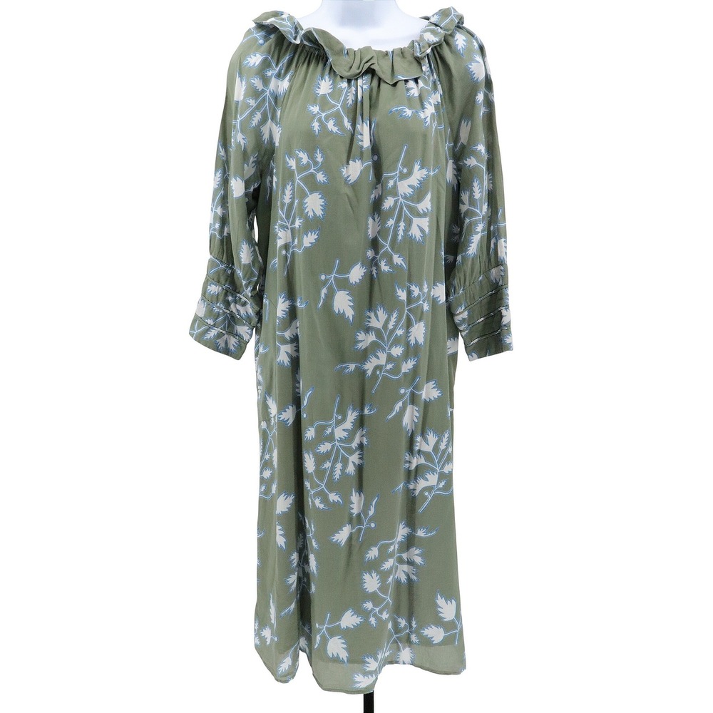 Mirth Floral Block Print Cotton Midi Dress Ruffle Tie Neck Pockets Small